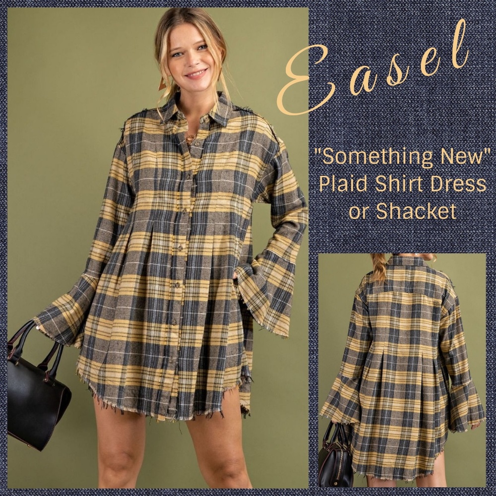 Easel "Something New" Distressed Flared Plaid Shirt Dress Shacket W/Bell Sleeves